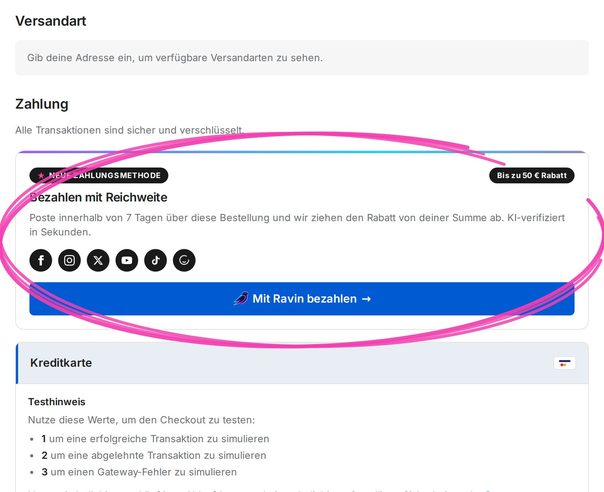 Zahlungsschritt im Shopify-Checkout mit der neuen Ravin-Option „Bezahlen mit Reichweite“, mit Marker eingekreist