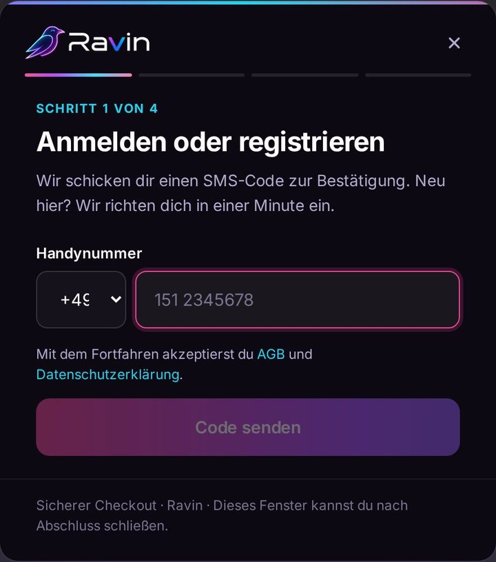 Ravin Checkout Schritt 1 — sign in or register with phone number