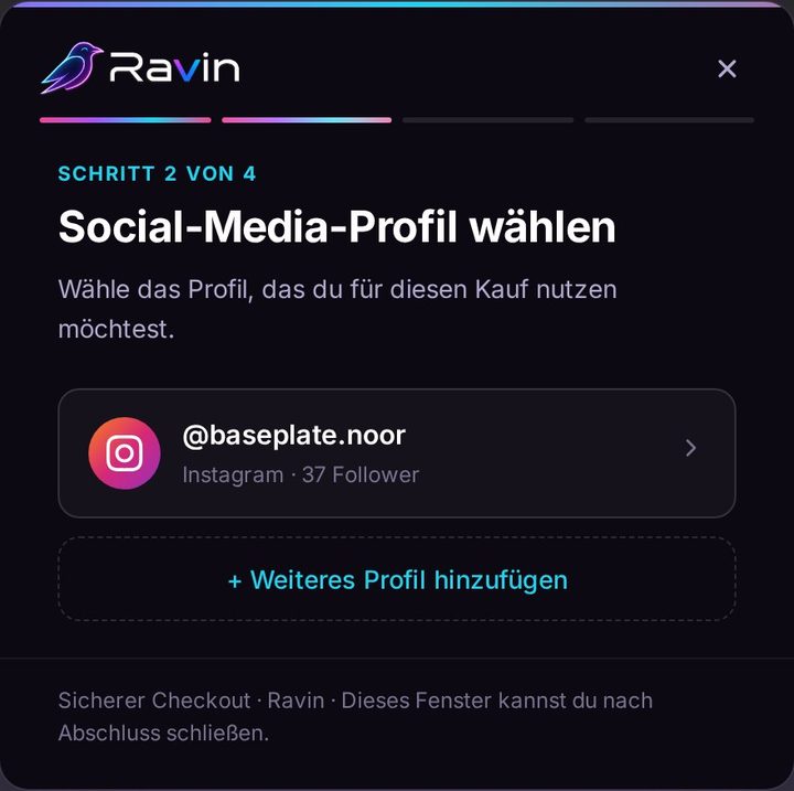 Ravin Checkout Schritt 2 — choose a social profile