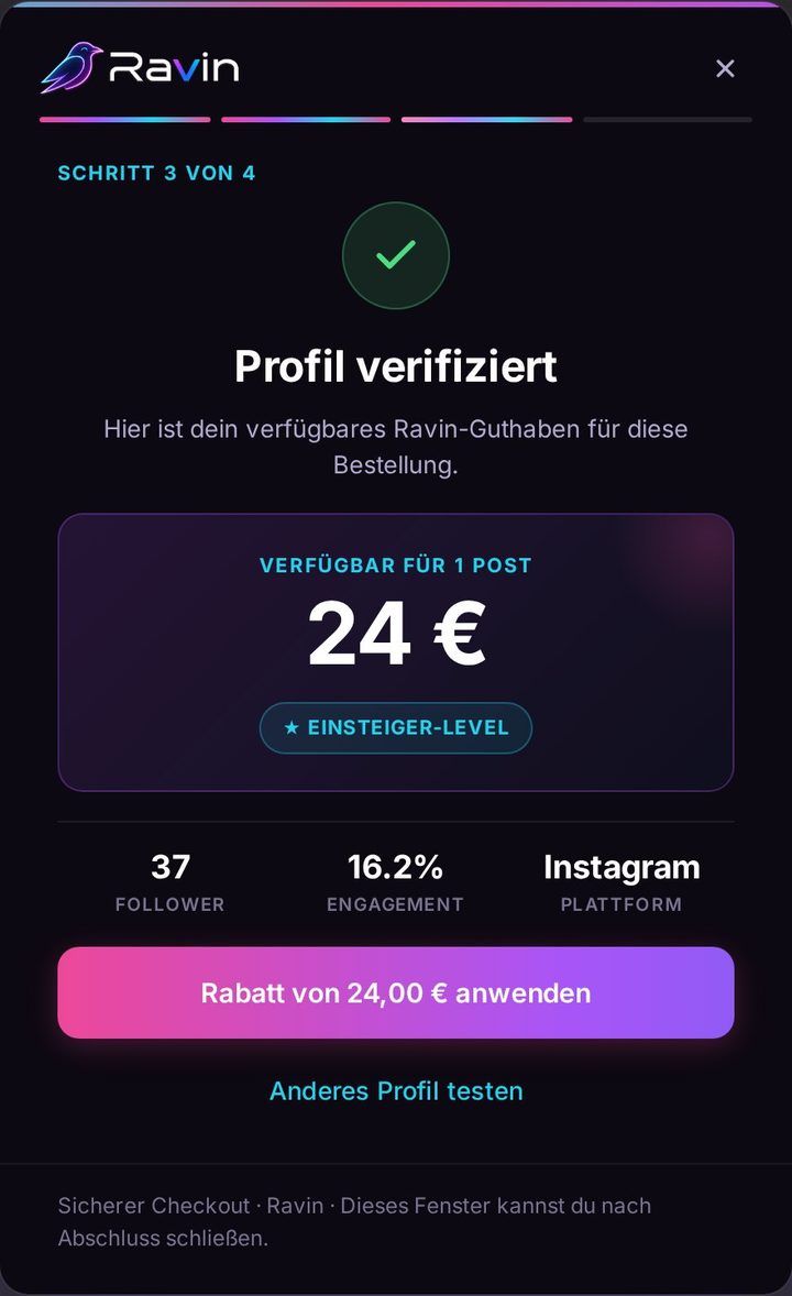Ravin Checkout Schritt 3 — profile verified with available social credit