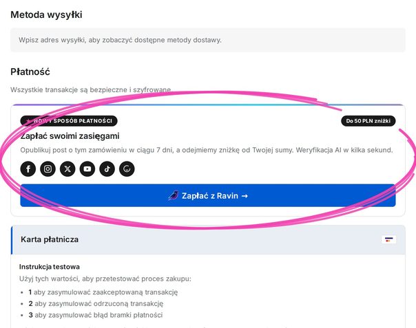 Krok płatności w checkoucie Shopify z zakreśloną nową opcją Ravin — Zapłać swoimi zasięgami