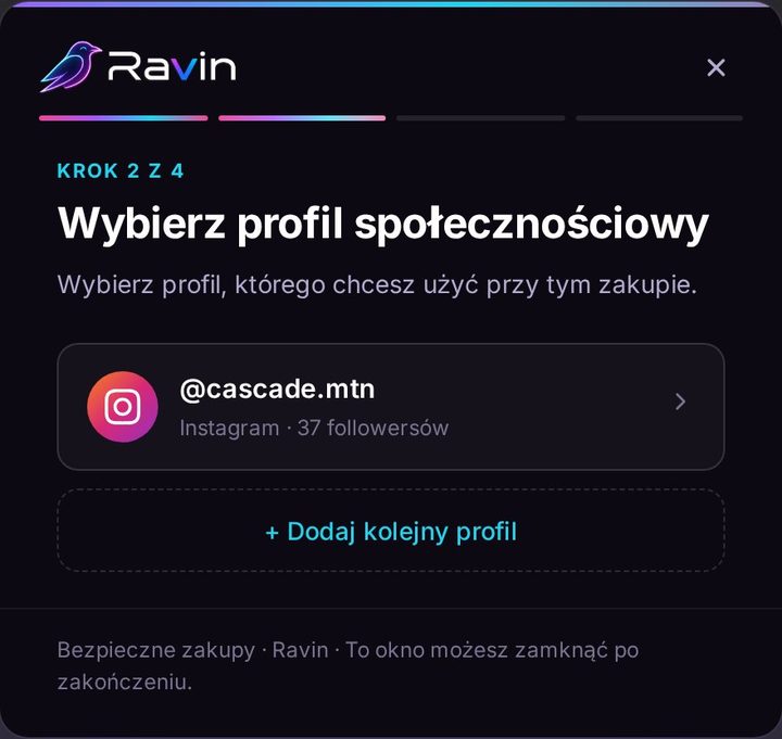 Ravin checkout step 2 — choose a social profile
