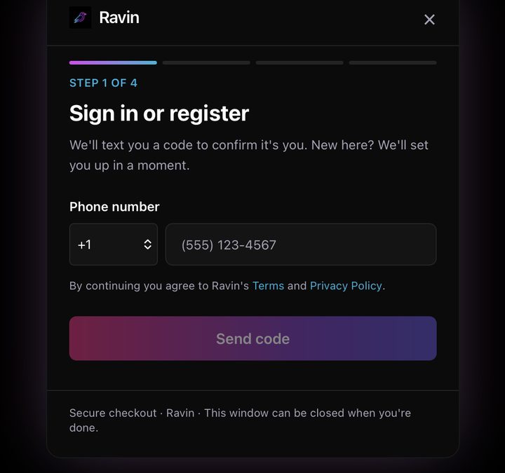 Ravin checkout step 1 — sign in or register with phone number