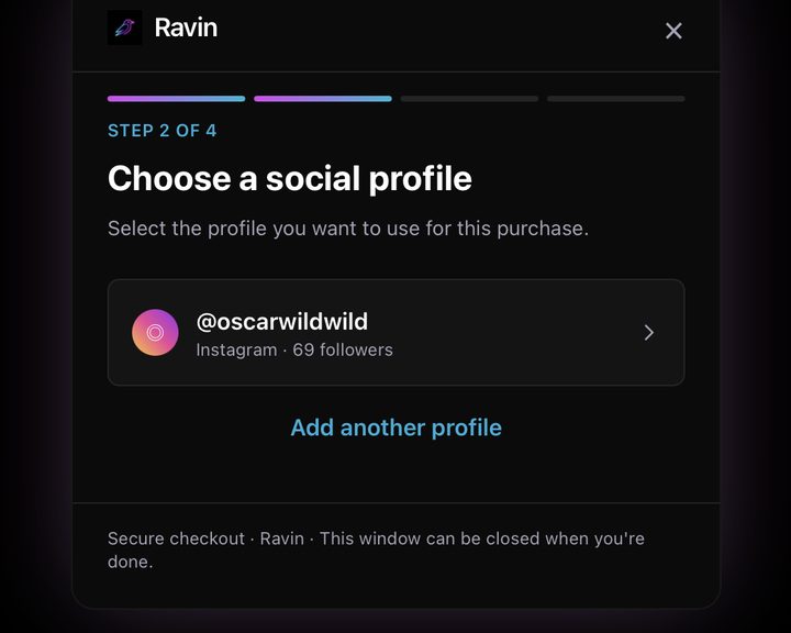 Ravin checkout step 2 — choose a social profile