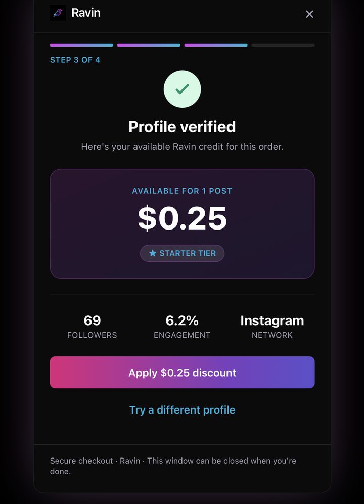 Ravin checkout step 3 — profile verified with available social credit